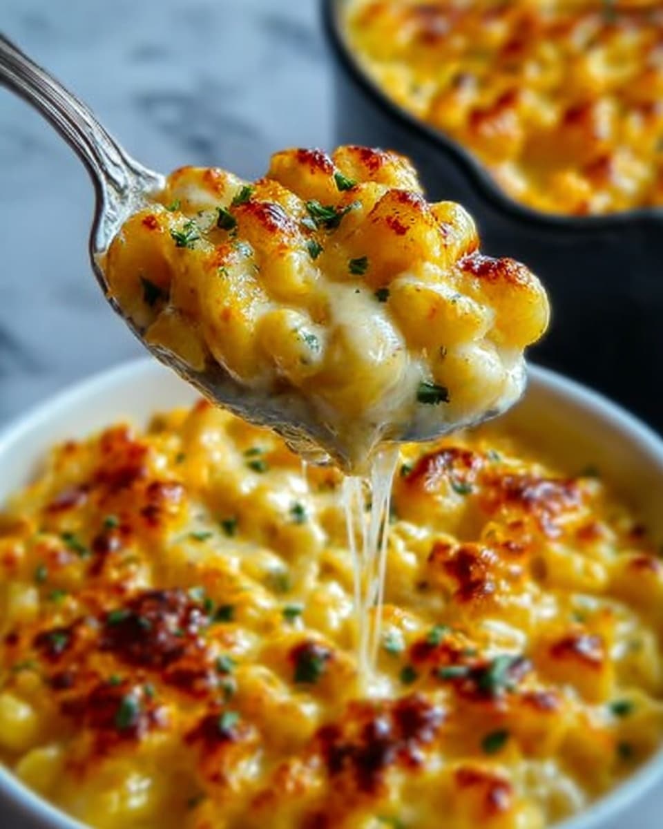 A close-up of a silver spoon holding a scoop of creamy macaroni and cheese. The dish has a rich yellow-orange cheesy sauce coating several small pasta pieces, with some browned, crispy spots on top. There are green herb sprinkles scattered across the cheese for color contrast. The background shows more macaroni and cheese in a black pan sitting on a white marbled surface. Photo taken with an iphone --ar 4:5 --v 7