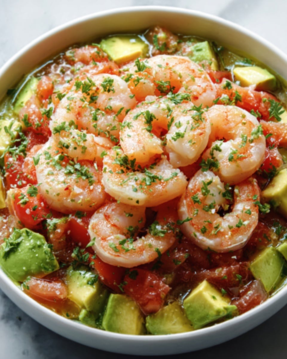 A white bowl filled with a shrimp salad features a base layer of chunky avocado pieces in bright green, mixed with diced red tomatoes. On top, there is a layer of cooked pink shrimp arranged neatly, garnished with small green parsley leaves. The textures range from smooth avocado, juicy tomatoes to firm and curved shrimp, all contrasting well against the clean white bowl. The background is a white marbled surface. photo taken with an iphone --ar 4:5 --v 7