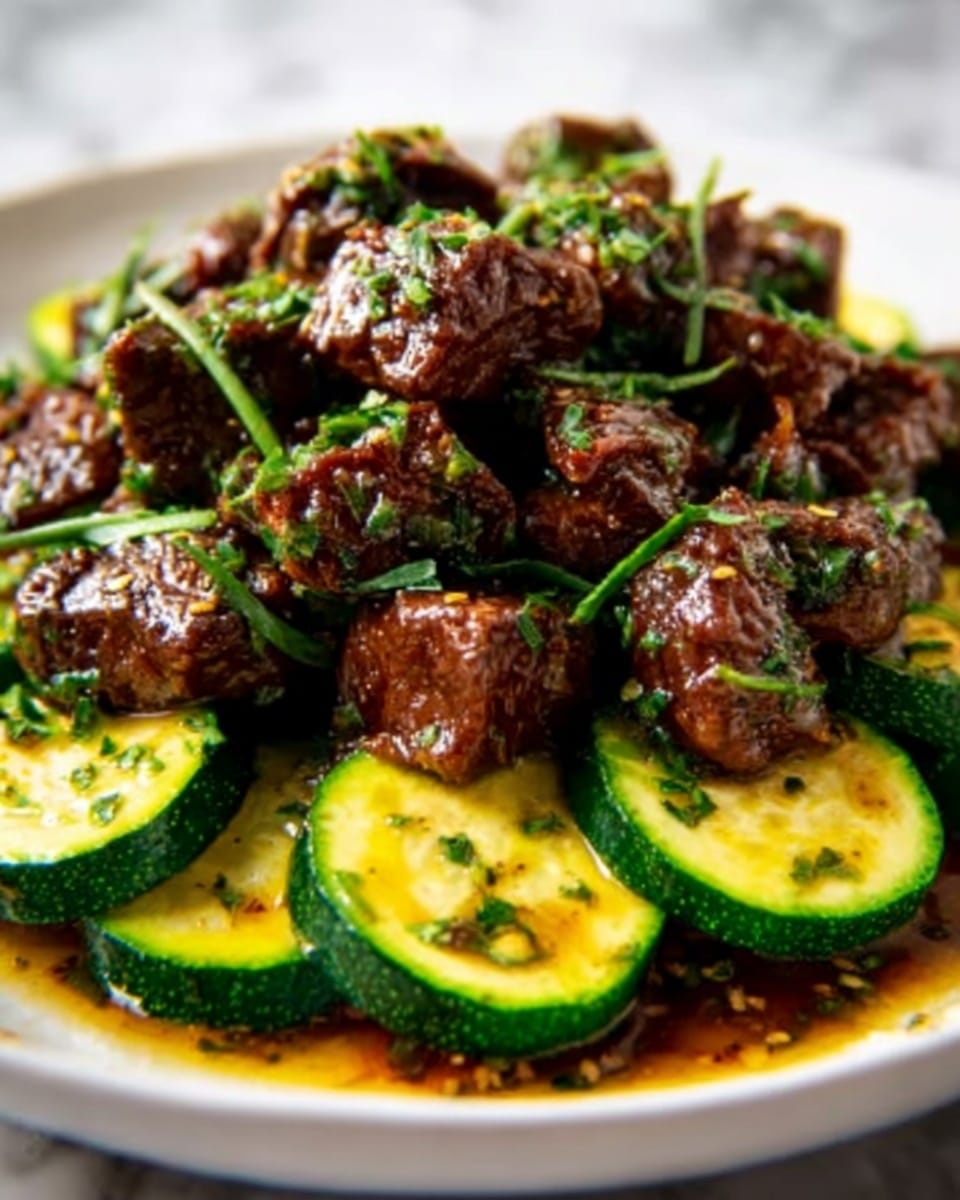 The dish shows a white plate filled with a base layer of green zucchini slices, each piece soft with a light char. On top of the zucchini, there are several dark brown pieces of meat, seared and juicy, scattered evenly across the plate. The meat is sprinkled with fresh green herbs, adding a touch of brightness and texture. The colors contrast nicely, with the dark meat sitting on green zucchini, all on a clean white plate against a white marbled surface. photo taken with an iphone --ar 4:5 --v 7