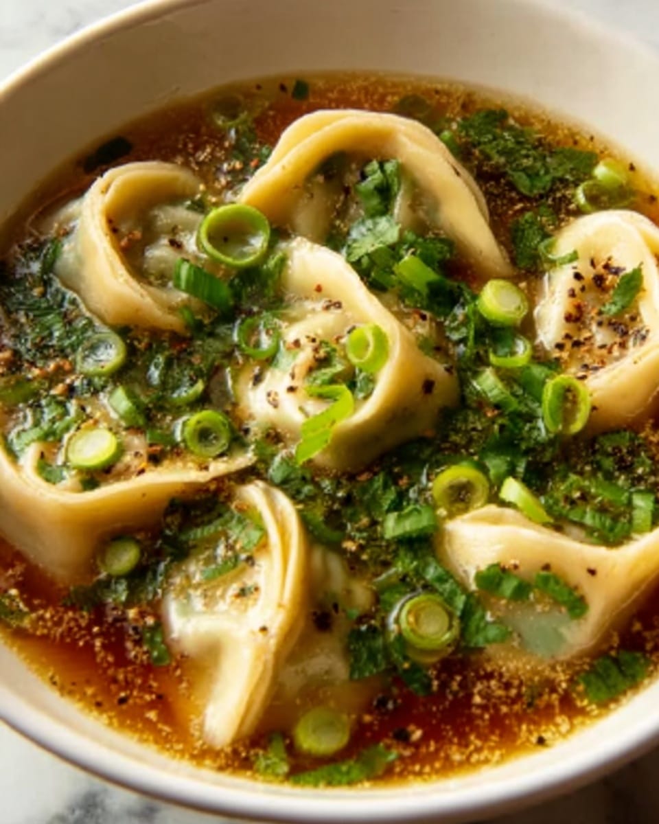 A white bowl filled with clear broth containing several dumplings with slightly wrinkled, pale, and soft dough skins floating on top. The dumplings are surrounded by light green sliced scallions and sprinkled with finely chopped herbs and black pepper. The broth has a warm golden color with small bits of seasoning visible, and the entire dish rests on a white marbled textured surface. photo taken with an iphone --ar 4:5 --v 7