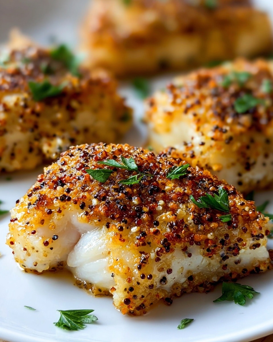 The image shows a close-up of a single piece of cooked fish on a white plate with a white marbled textured background. The fish has one thick layer of tender white flesh with a golden-brown, crispy crust on top that is speckled with coarse black pepper, breadcrumbs, and herbs. Small green parsley leaves are scattered on the surface and around the fish, adding a fresh contrast to the warm tones. The fish looks moist and slightly oily, with a glossy glaze highlighting the crispy and soft textures. Other similar pieces of fish are blurred in the background, on the same plate. photo taken with an iphone --ar 4:5 --v 7