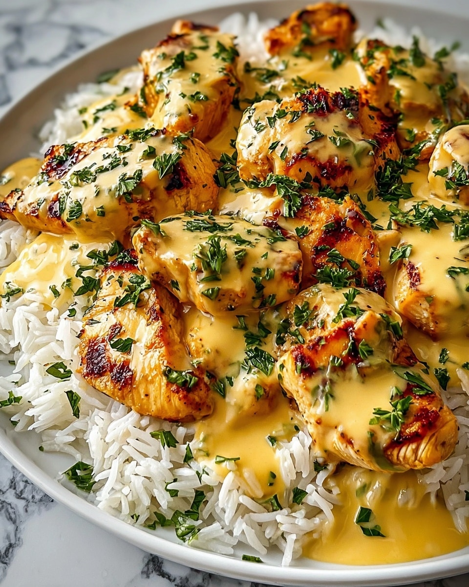 A white plate holds a base layer of fluffy white rice with distinct grain texture, topped by grilled chicken pieces with golden brown grill marks and a slightly crispy look. The chicken is covered in a smooth, creamy yellow sauce with black pepper specks, and small green herb leaves are scattered over the sauce and chicken for a fresh touch. The dish sits on a white marbled surface, making the colors stand out vividly. Photo taken with an iphone --ar 4:5 --v 7