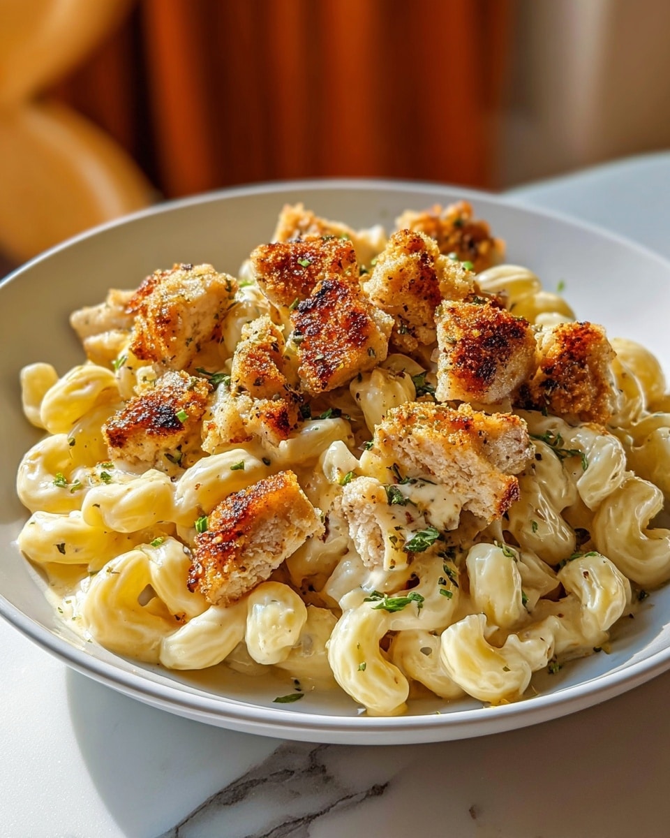 A plate holds creamy macaroni pasta coated in a smooth, light beige cheese sauce as the base layer, with large pieces of golden-brown crispy chicken scattered on top, showing a crunchy, textured coating with darker brown spots. Tiny green parsley leaves are sprinkled over the dish, adding touches of fresh color among the pasta and chicken. The plate is white with a subtle gray rim and sits on a surface with a white marbled texture. The background is softly blurred with hints of brown. Photo taken with an iphone --ar 4:5 --v 7