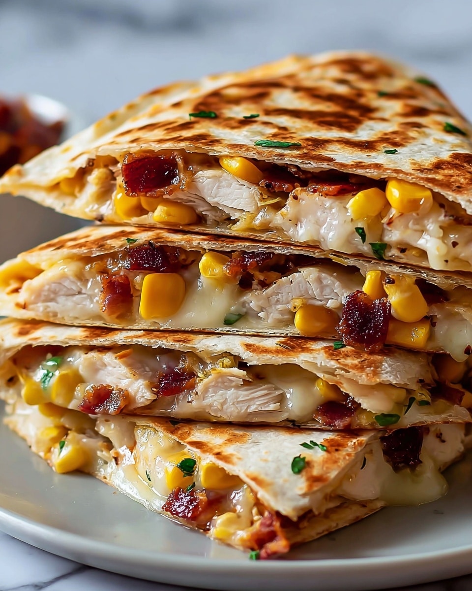 A close-up of a stack of three quesadilla pieces on a white plate, showing three main layers inside each piece: the top and bottom layers are a slightly browned, crispy flatbread with a toasted texture; the middle layers consist of melted creamy cheese with a smooth and stringy texture, golden yellow corn kernels, pink crispy bacon bits, and thick slices of tender, juicy cooked chicken breast. Small pieces of chopped green herbs are scattered among the layers. The background has a white marbled texture. photo taken with an iphone --ar 4:5 --v 7