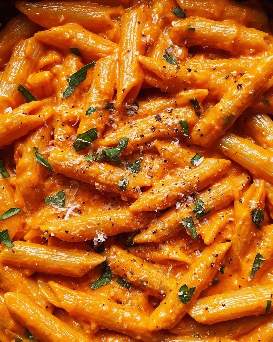 This close-up image shows creamy penne pasta fully coated in a thick, smooth orange-red sauce. The penne tubes are neatly mixed, with the sauce filling the ridges and hollow centers of the pasta. Scattered on top are small pieces of green herbs, adding small fresh green pops of color, and a light dusting of white grated cheese and a few dark specks of pepper spread over the surface. The texture looks rich and slightly glossy, making the dish appear warm and comforting. The background is a white marbled texture. photo taken with an iphone --ar 4:5 --v 7
