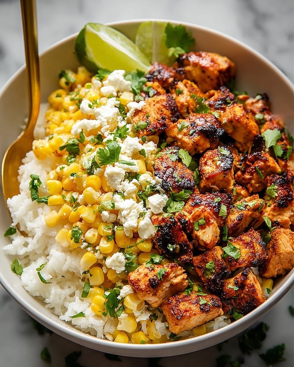 A white bowl filled with three layers starting at the bottom with soft white rice, followed by bright yellow corn kernels mixed with chopped green herbs, and topped with golden brown grilled chicken pieces with charred edges; small white crumbles scattered on top and a wedge of lime is placed at the back edge of the bowl, with a wooden spoon resting inside, all set against a white marbled texture. photo taken with an iphone --ar 4:5 --v 7