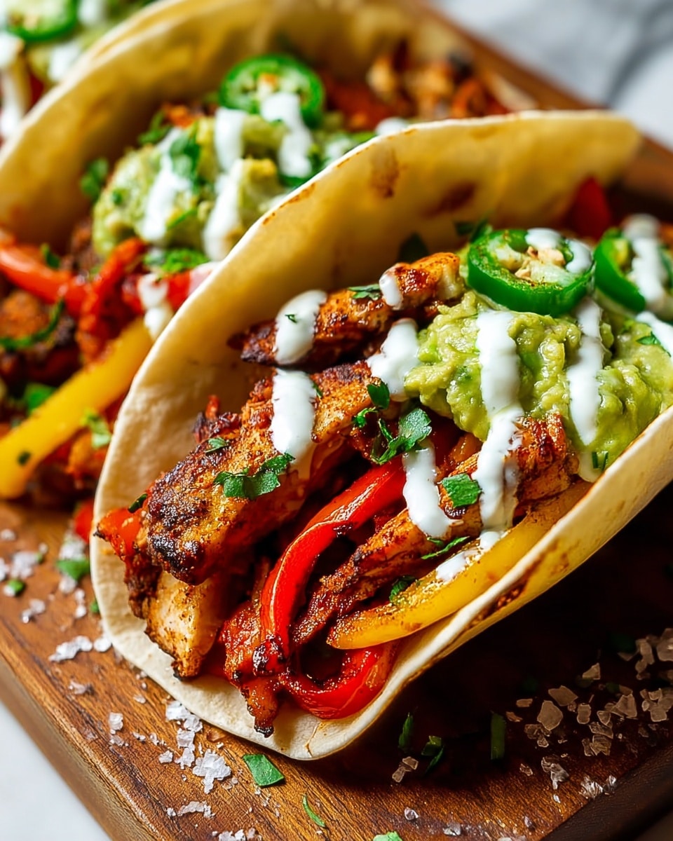 Three soft tortillas are filled and placed side by side on a white marbled surface. Each tortilla has a bottom layer of grilled red and yellow bell pepper strips that are glossy and slightly charred. On top of the peppers, there is a layer of browned, crispy spiced meat strips. Above the meat, there is a line of chunky guacamole with a smooth texture, followed by a slice of bright green jalapeño pepper sitting on the guacamole. The whole filling is drizzled lightly with white creamy sauce and sprinkled with chopped fresh green herbs. The tortillas are slightly browned and soft with some darker toasted spots on the surface. Photo taken with an iphone --ar 4:5 --v 7