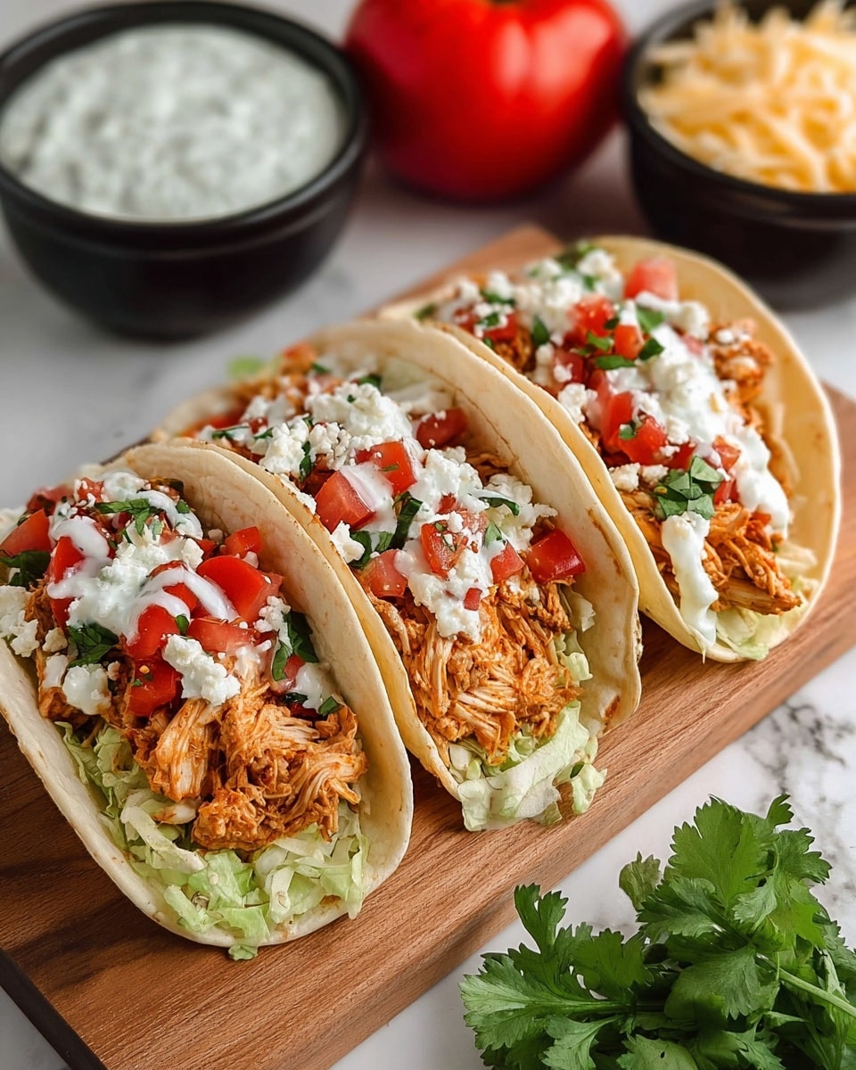 Three tacos are placed side by side on a wooden board over a white marbled surface. Each taco has a soft yellow corn tortilla shell filled with shredded brown chicken as the first layer. On top of the chicken, there is a layer of finely shredded pale green lettuce that peeks out from the sides. Fresh, diced red tomatoes and green cilantro leaves are scattered over the lettuce. White crumbly cheese is sprinkled next, followed by a drizzle of white creamy sauce over all the layers. In the background, there are small black bowls with grated cheese and a green herb sauce, along with a whole red tomato and some fresh green cilantro. photo taken with an iphone --ar 4:5 --v 7