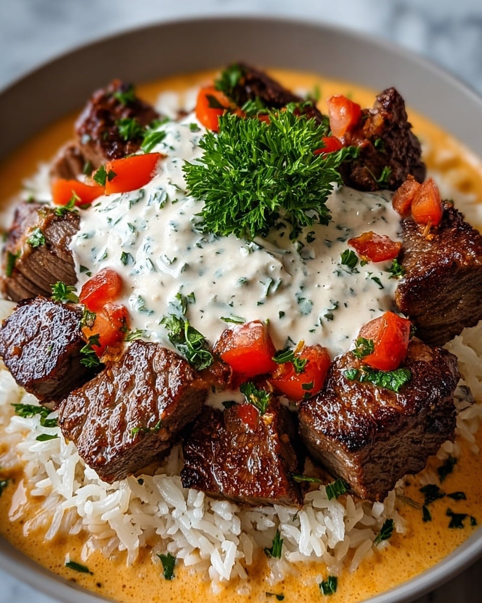 A white bowl filled with a base layer of soft, cooked white rice with a slight shine from a light sauce. On top of the rice, there are many small, browned pieces of grilled steak, each with a slightly charred texture visible. In the center, there is a creamy white sauce with green herbs mixed in, spreading gently over the steak pieces. Around the sauce, finely chopped green herbs and small diced pieces of red and orange vegetables are scattered, adding color and freshness to the dish. The dish is placed on a white marbled surface. Photo taken with an iphone --ar 4:5 --v 7