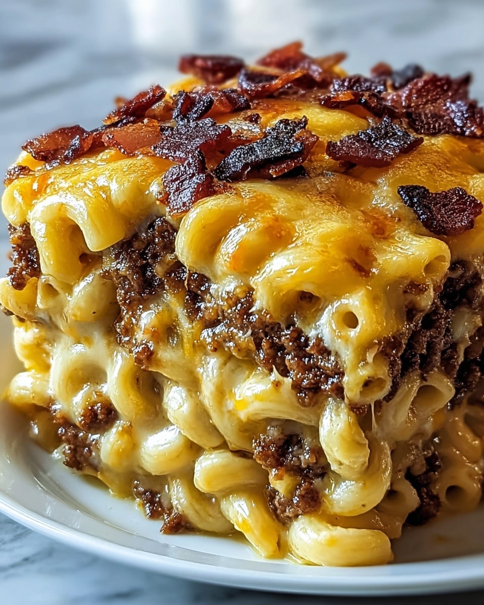 A close-up view of a thick slice of baked macaroni and cheese layered with ground beef. The bottom layer is a rich, melted, creamy yellow cheese sauce covering soft macaroni pasta. Above that sits a dark brown, crumbly ground beef layer, followed by another thick layer of cheesy macaroni. The top layer is a slightly browned cheese crust with crispy, dark red-brown bacon pieces scattered on top. The dish is served on a white plate resting on a white marbled surface. The melted cheese glistens with a glossy texture, and the bacon looks crunchy. Photo taken with an iphone --ar 4:5 --v 7