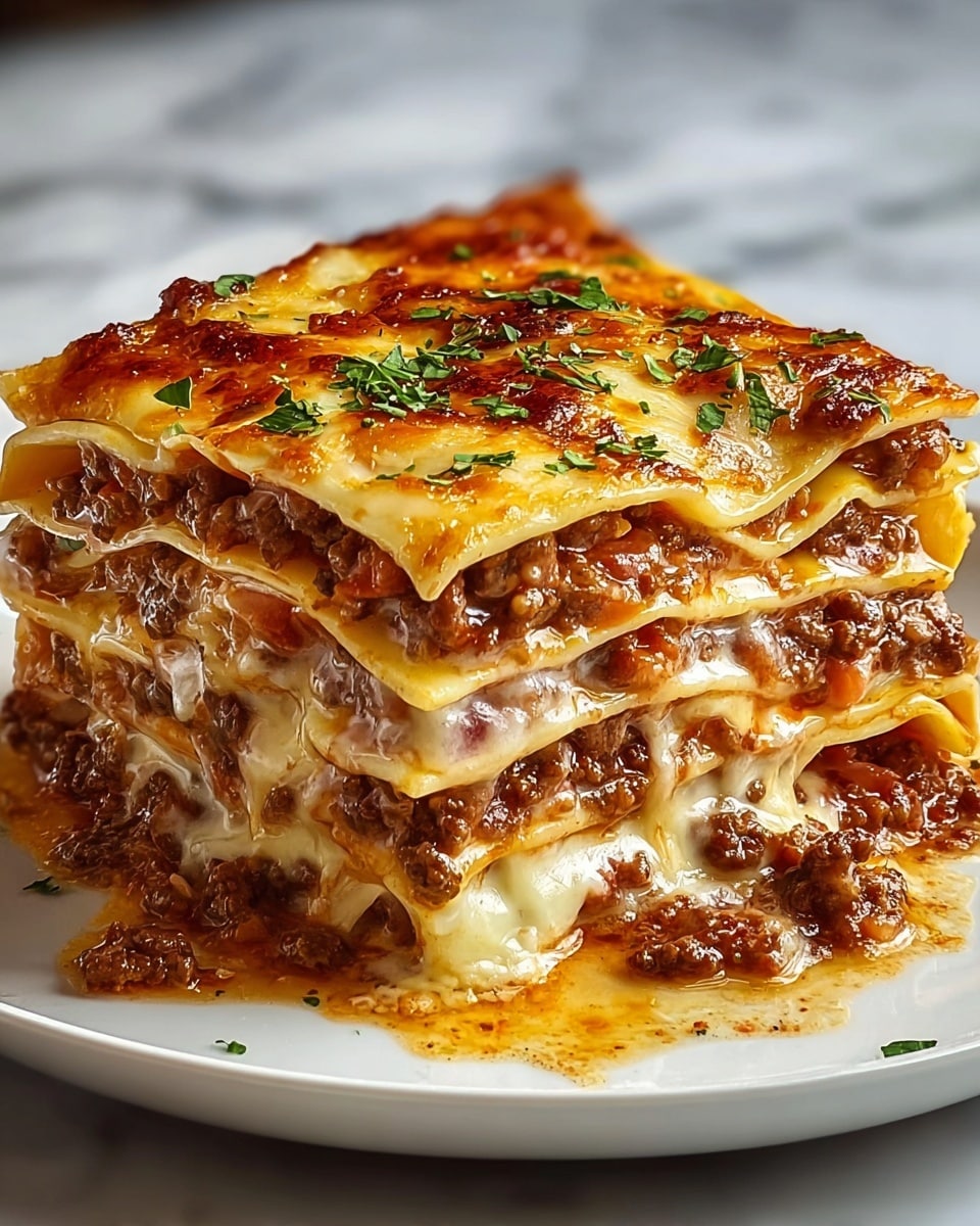 A tall stack of four layers of lasagna is shown on a white plate, each layer made of smooth, flat pasta sheets. Between the pasta layers, there is a rich filling of browned ground meat mixed with bits of red tomato and melted white cheese. The top layer is golden brown with bubbly melted cheese that has some browned spots and is garnished with small green herb leaves. Small pieces of meat and herbs are scattered around the plate on a white marbled surface. photo taken with an iphone --ar 4:5 --v 7