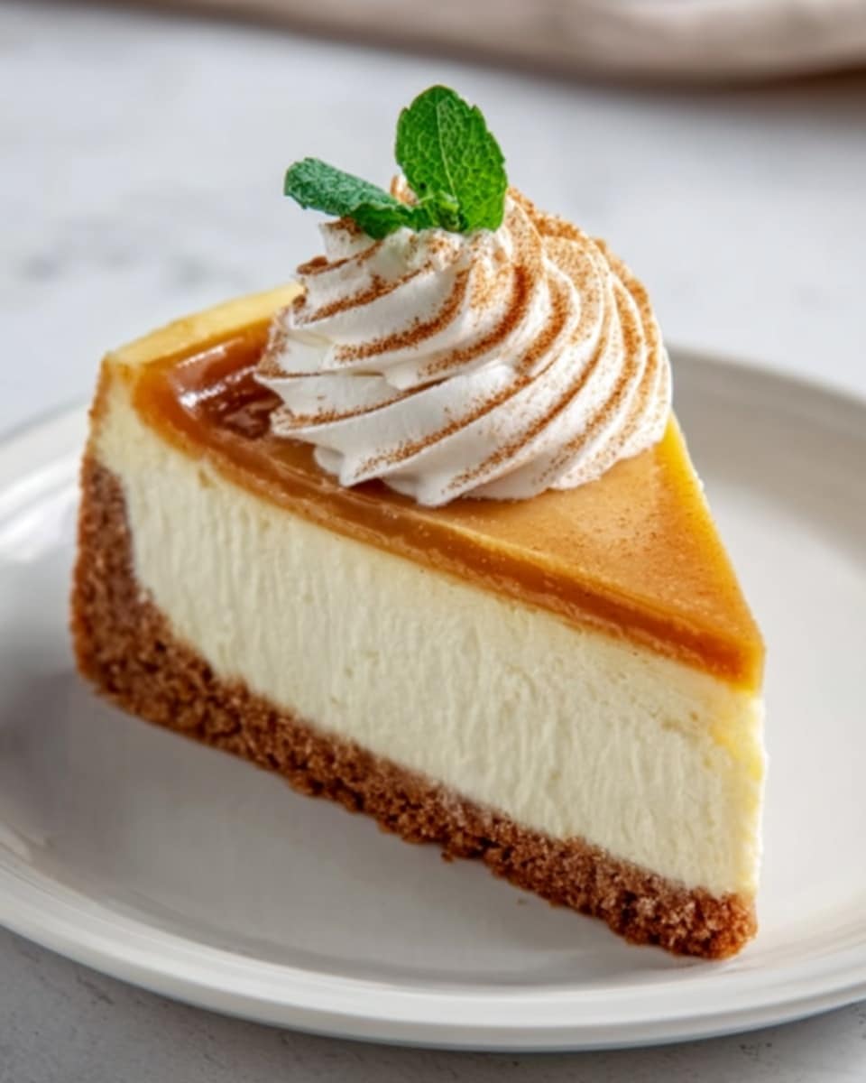 A slice of cheesecake on a white plate with a white marbled surface in the background; the cheesecake has three layers: a bottom layer of crumbly brown crust, a thick middle layer of smooth white cream cheese filling, and a top layer of orange pumpkin-colored cream; on top of the slice is a swirl of white whipped cream with a light dusting of cinnamon and a small green mint leaf for decoration. Photo taken with an iphone --ar 4:5 --v 7