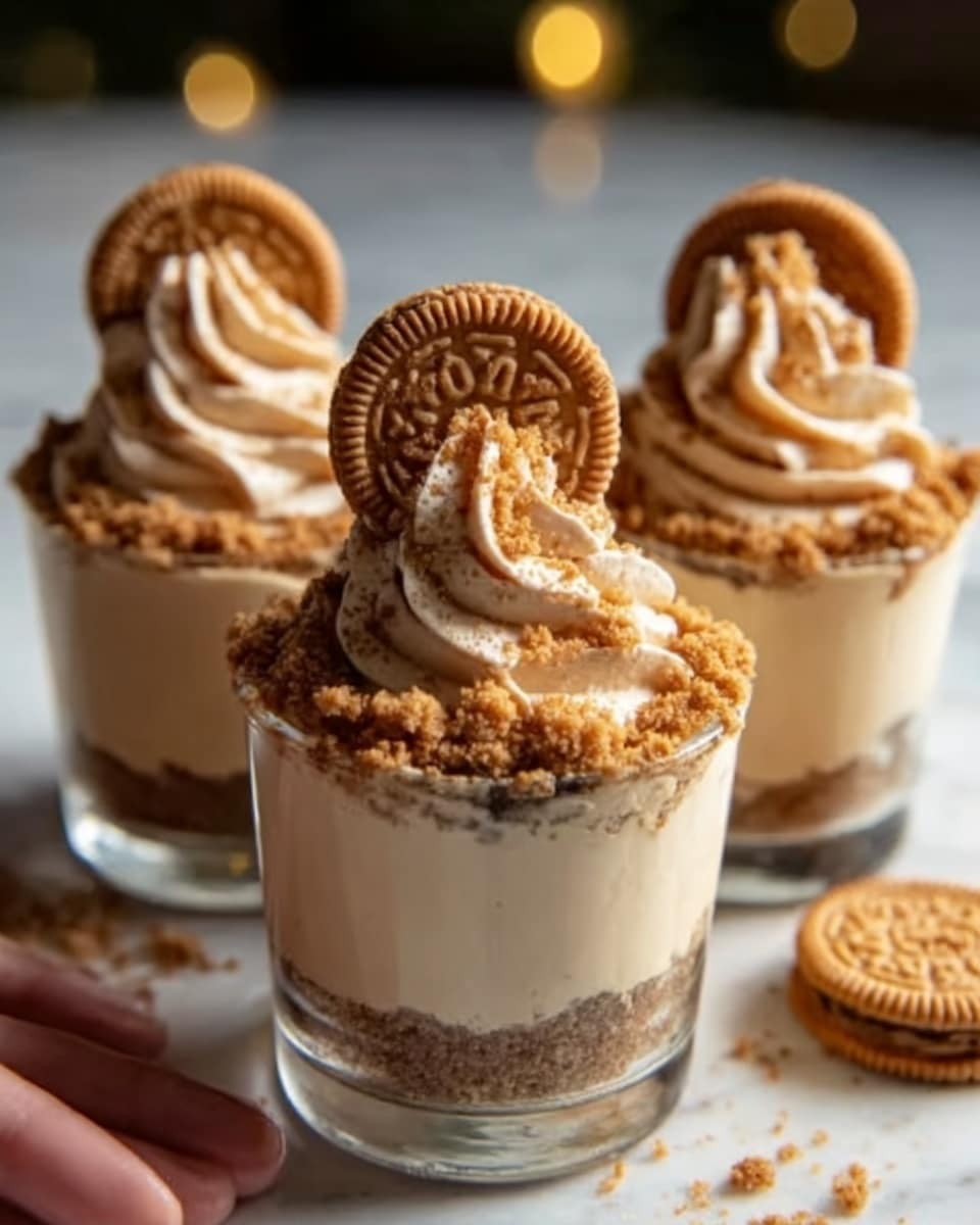 Three clear cups with white rims hold a layered dessert. The bottom layer is a crunchy light brown crumb base. Above it is a smooth beige cream layer that fills most of the cup. On top, there is a thick swirl of beige whipped cream, sprinkled with more crumbs. Each cup is decorated with a round light brown cookie placed upright into the whipped cream. The background is a white marbled surface. The photo taken with an iphone --ar 4:5 --v 7