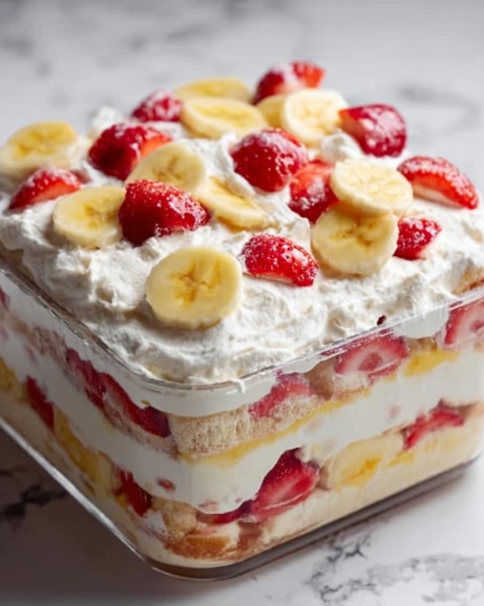 A close-up image of a dessert dish with multiple layers in a clear container on a white marbled surface. The bottom layer is made of sliced bananas and strawberries, showing bright yellow and red colors. Above this is a creamy white layer that looks soft and fluffy. The middle layer has more slices of bananas and strawberries pressed against the clear container. On top is a thick layer of white cream topped with banana slices and whole strawberries scattered evenly, adding color contrast to the white cream. A woman's hand is gently touching the side of the container. Photo taken with an iphone --ar 4:5 --v 7
