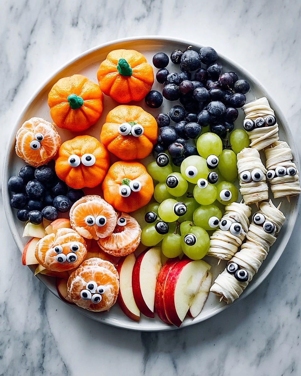 A round white plate on a white marbled surface holds a colorful Halloween-themed fruit and snack arrangement. At the top center, there are five peeled small orange pumpkins arranged in two rows. To the right, green and black grapes are stacked with candy eyes attached, forming bunches. On the bottom left, clusters of blueberries surround peeled lychees, each with a single blueberry and candy eyes inside, resembling eyeballs. In the bottom center, apple slices form lips with almond slivers inside, looking like teeth. At the bottom right, three mummy-shaped snacks made from wrapped dough with candy eyes complete the scene. The whole image is bright and playful, photo taken with an iphone --ar 4:5 --v 7