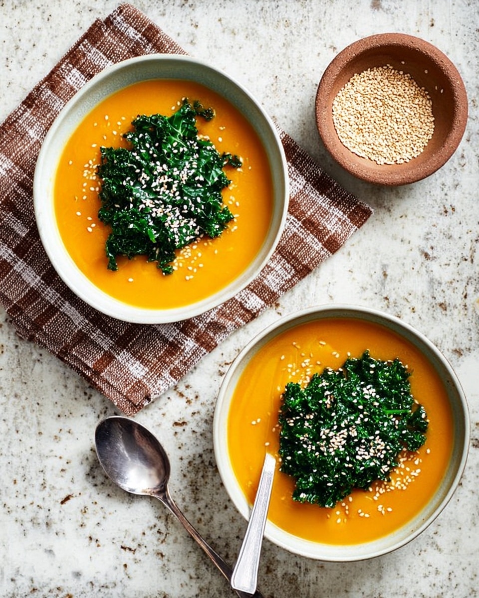 Two white bowls of bright orange soup sit on a white marbled surface, each topped with a layer of dark green kale and sprinkled with white sesame seeds. One bowl is placed on a folded brown and white checkered cloth with a silver spoon resting inside it, while the other bowl has a silver spoon lying next to it on the surface. To the upper right of the bowls is a small white bowl filled with sesame seeds, some scattered around it. Photo taken with an iphone --ar 4:5 --v 7