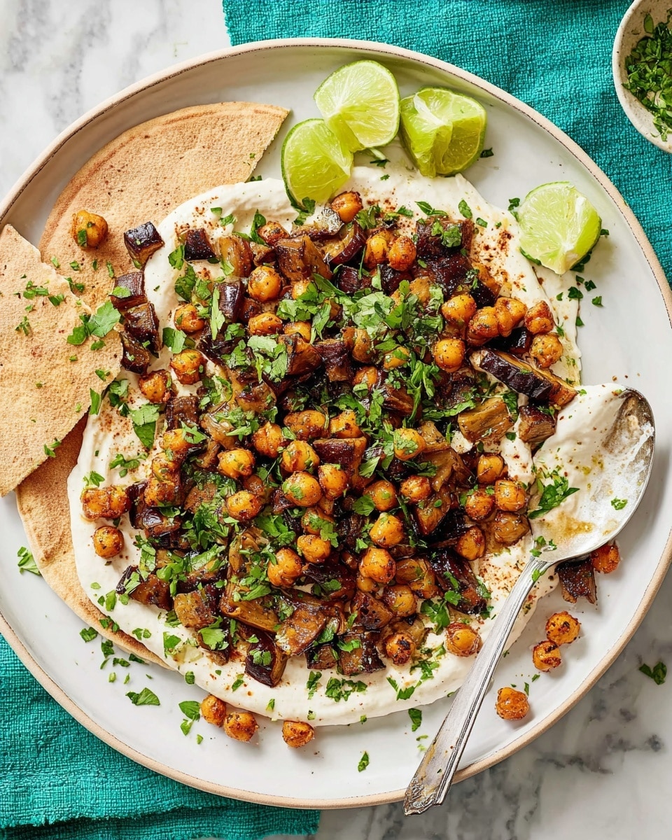 The dish shows a white plate with a base layer of folded pita bread pieces. On top, there is a creamy white spread covering most of the plate. Over the spread, there is a colorful mixture of cooked chickpeas and small diced dark brown eggplants, mixed with chopped green herbs scattered across. Lime wedges are placed on the top edge of the plate for garnish. A silver spoon with some of the white spread is resting on the plate’s edge. The plate is set on a white marbled surface with a teal cloth beneath part of it. photo taken with an iphone --ar 4:5 --v 7