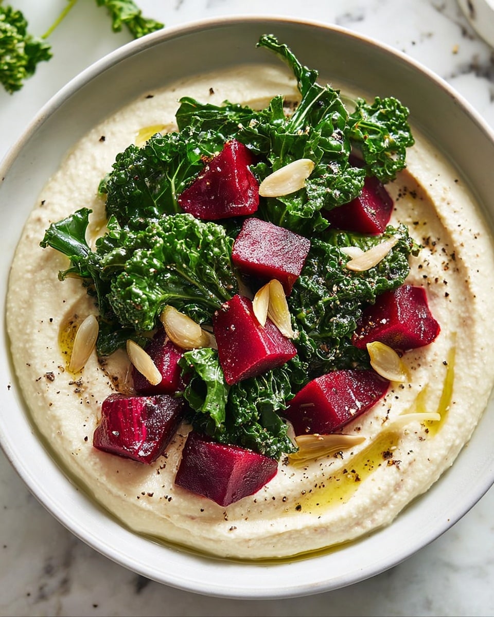 A white bowl filled with a creamy, smooth white base layer of hummus, topped with bright green sautéed kale that looks soft and slightly wilted, mixed with vivid, deep red beet chunks that are cut into rough cubes. Scattered on top are thin, light golden slices of toasted garlic, with some drops of yellow olive oil and specks of black pepper decorating the dish. The bowl sits on a white marbled surface, and there is a spoon resting inside the bowl on the left side. photo taken with an iphone --ar 4:5 --v 7
