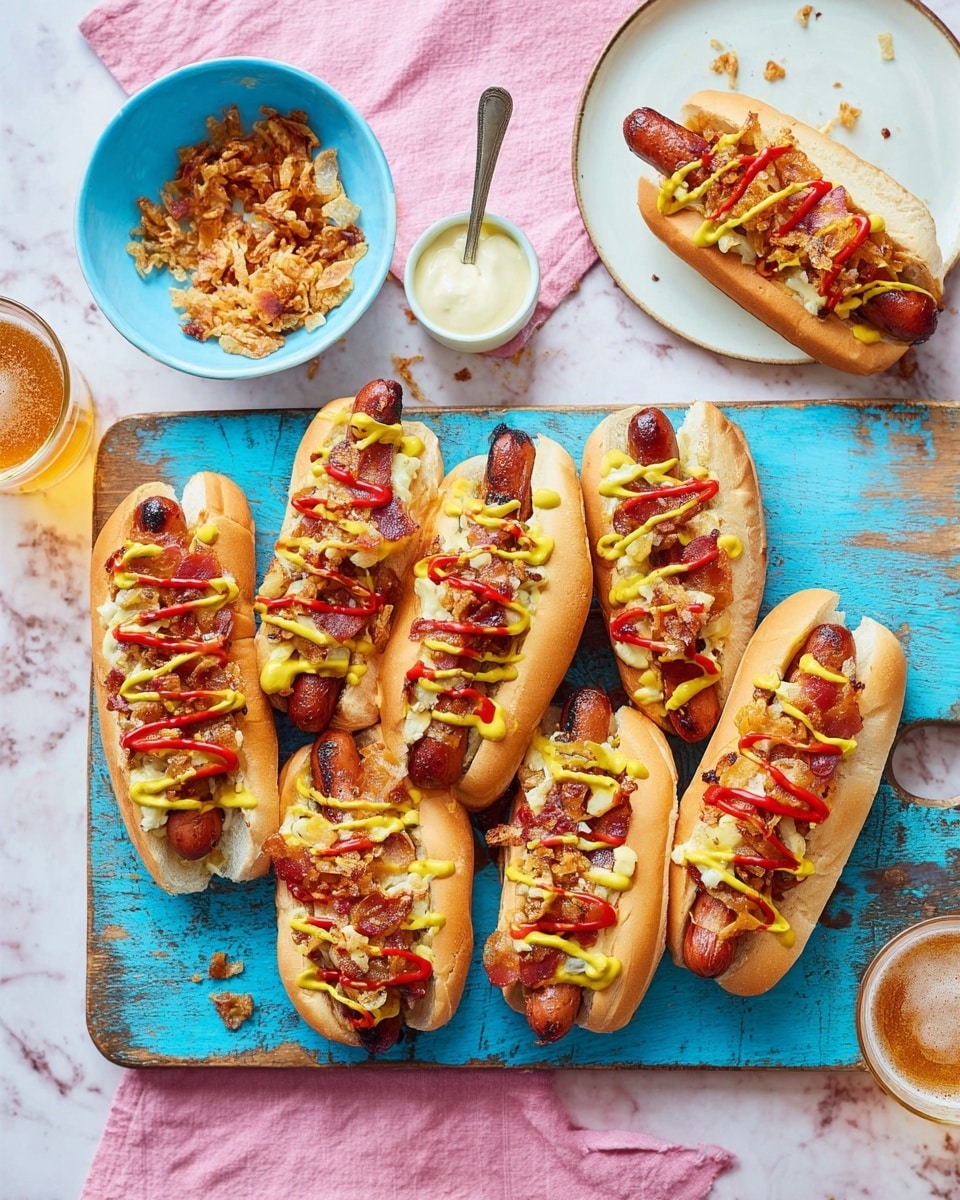 The image shows six hot dogs arranged side by side on a worn, blue wooden board, which rests on a white marbled surface with a pink cloth on the side. Each hot dog has a soft golden bun holding a browned sausage topped with melted white cheese strands, reddish crispy bacon, yellow mustard dollops, and red ketchup drizzles, along with some sprinkled crispy fried onions. To the top left is a white bowl with a creamy white sauce and a spoon, and next to the bowl is a blue bowl filled with crispy fried onions. A glass of light amber beer sits above the hot dogs, and a white plate with a single hot dog covered in mustard and ketchup is partially visible at the top right. photo taken with an iphone --ar 4:5 --v 7