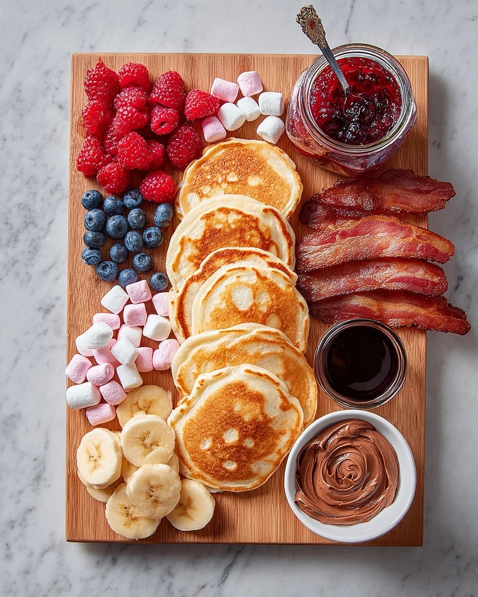 A wooden board is filled with a stack of eight golden brown pancakes placed in the center, slightly overlapping each other in a vertical line. To the left of the pancakes, there are bright red raspberries, dark blue blueberries, and small white and pink marshmallows arranged in separate groups from top to bottom. Above the berries, an open glass jar of red jam with a spoon rests on the board. To the right of the pancakes, five crispy bacon strips are stacked diagonally. Below the bacon, a small white bowl contains chocolate spread, next to it are neatly sliced banana pieces arranged in a fan shape. Above the bowl, a small glass jar filled with syrup completes the arrangement. The board is placed on a surface with a white marbled texture. Photo taken with an iphone --ar 4:5 --v 7