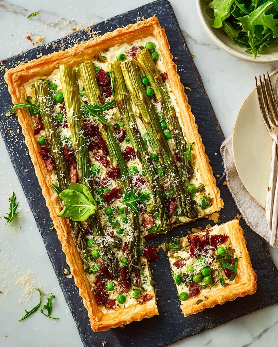 The image shows a rectangular puff pastry tart with three visible layers: the bottom flaky golden-brown crust, a middle creamy layer dotted with vibrant green peas and small cubes of browned meat, and a top layer featuring long strips of charred green onions arranged diagonally, sprinkled with grated cheese and fresh green herb leaves. One square piece is cut but still close to the main tart. The tart sits on a dark slate board with some crumbs around it. To the side, there is a small white bowl filled with fresh green herbs and part of a white plate with a fork on it, all placed on a white marbled surface. photo taken with an iphone --ar 4:5 --v 7