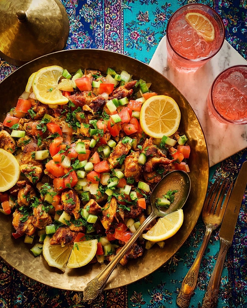 A large round shallow brass bowl filled with a colorful mix of grilled chicken pieces, small diced cucumber, tomato, and fresh green herbs scattered on top, with a few lemon wedges placed around for garnish. The chicken pieces have a golden-brown grilled texture, and the vegetables add bright red, green, and white colors throughout. Two vintage golden serving spoons rest inside the bowl. The bowl sits on a dark blue cloth with a floral pattern, and on the right side, there are two clear glasses filled with a pink fizzy drink on a white marbled surface. Nearby, a matching brass plate holds a fork. Photo taken with an iphone --ar 4:5 --v 7