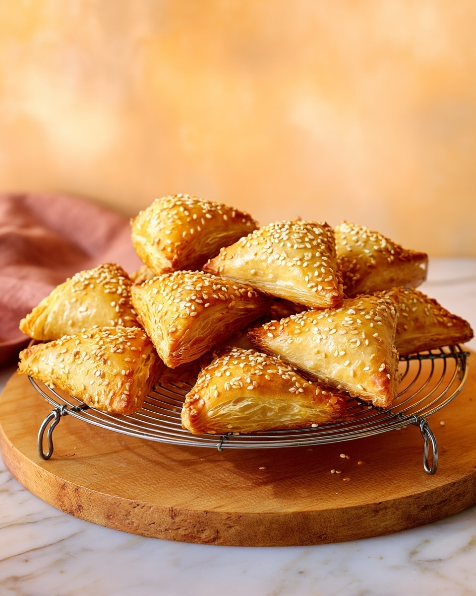The image shows a wire rack filled with about eleven golden-brown triangular pastries, each topped with white sesame seeds. The pastries have a crispy, flaky texture with slightly browned edges, stacked closely but not overlapping, revealing their puffed layers. The wire rack sits on a round wooden board, placed on a white marbled texture surface. The background is softly blurred with warm orange tones, highlighting the pastries' shiny, baked surface. photo taken with an iphone --ar 4:5 --v 7