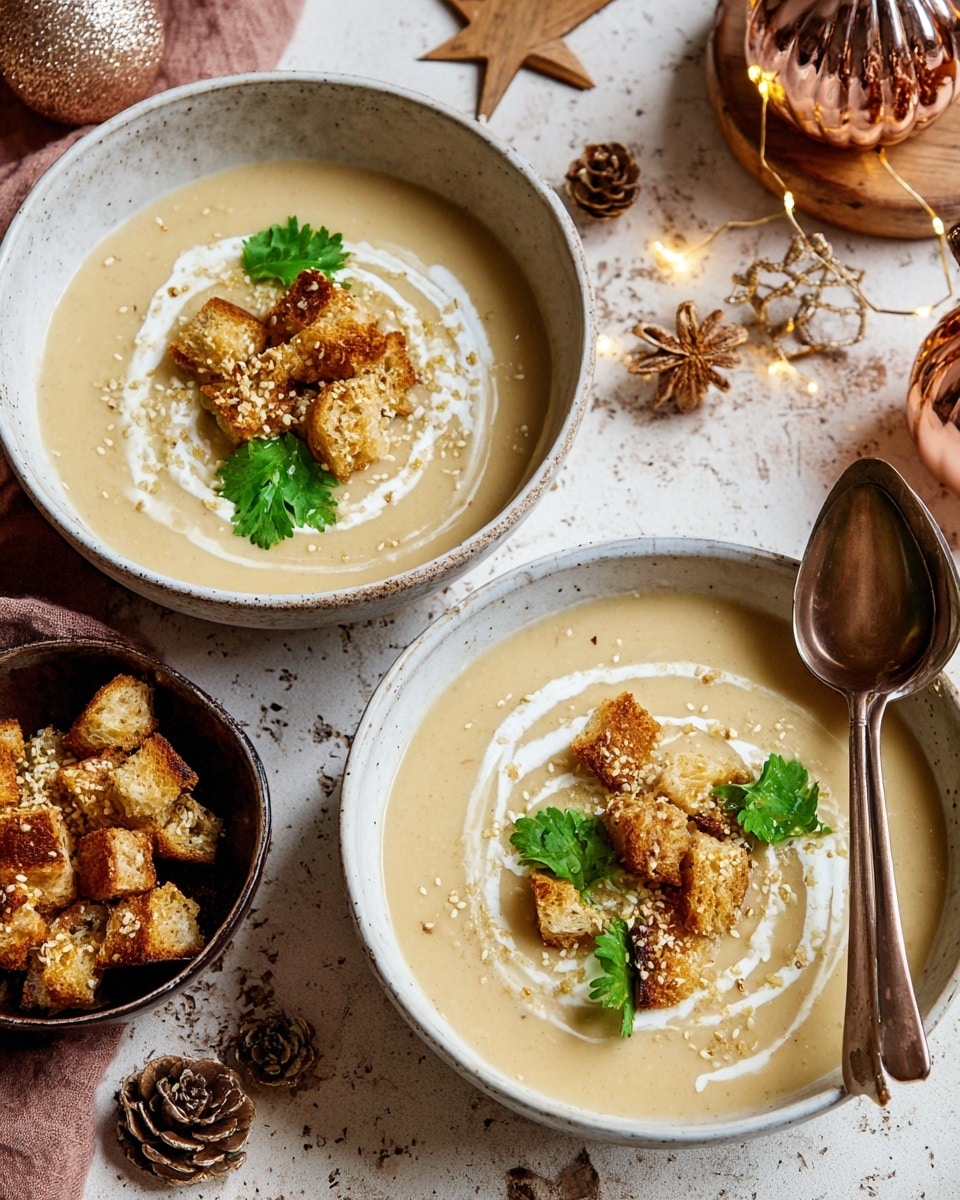 Two white textured bowls sit on a wooden table with a white marbled texture underneath. Each bowl is filled with a creamy beige soup, smooth and thick. On the surface of the soup, there is a dollop of white cream near the edge, next to a cluster of golden-brown toasted bread pieces with a sprinkle of sesame seeds. Bright green cilantro leaves are scattered on top, adding fresh color. One bowl has a bronze spoon resting inside. Nearby, a small dark brown bowl holds extra toasted bread cubes. The scene is cozy, decorated with rustic wooden stars and a shiny copper ornament. Photo taken with an iphone --ar 4:5 --v 7