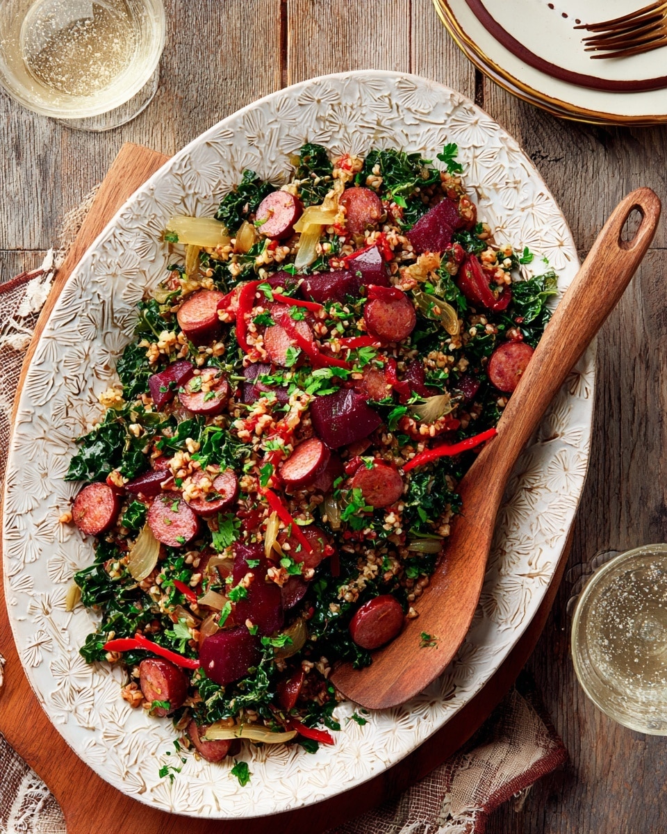 The image shows a white oval plate with a textured pattern, filled with a colorful layered dish. The bottom layer consists of dark green leafy kale mixed with light brown grains, likely barley or bulgur, interspersed with small pumpkins or seeds. On top of this, there are slices of bright red cooked red peppers and round, browned pieces of sausage scattered across. Deep purple roasted beet wedges are placed on top in a few spots. The dish is garnished with chopped green herbs, adding freshness to the rich mix. A wooden spoon rests inside the plate on the right side. The setting includes a wooden table with a white marbled texture underneath, glasses filled with bubbly clear water, and a stack of white plates to the right, with a brown ribbon and wooden star decoration on the left. photo taken with an iphone --ar 4:5 --v 7