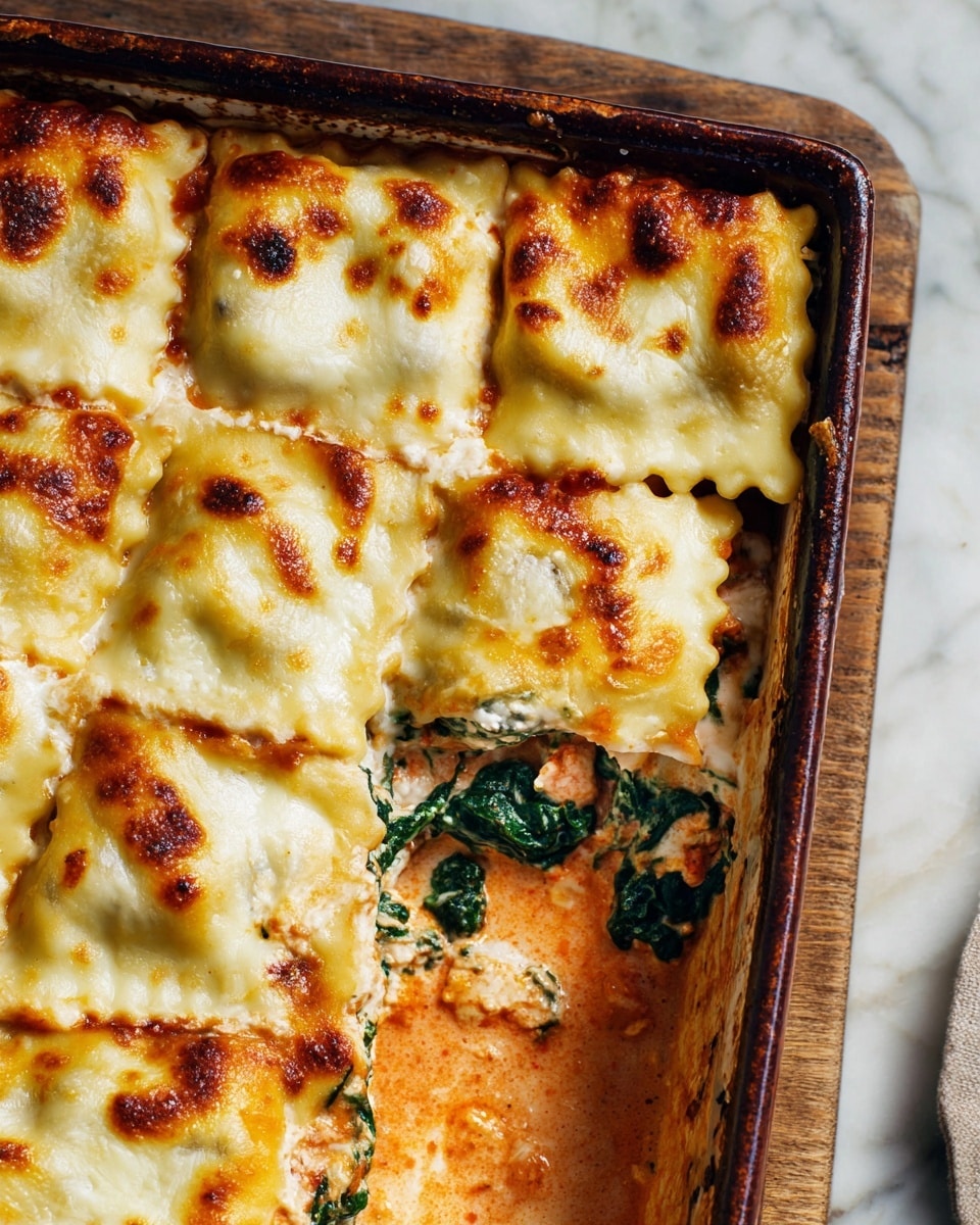 A close-up view of a baked ravioli dish in a dark brown baking dish placed on a white marbled surface with a wooden cutting board underneath. The top layer is creamy, melted cheese with golden brown spots, covering multiple square ravioli pieces with wavy edges. One corner is scooped out, revealing a second layer of wilted dark green spinach mixed with a reddish, creamy sauce beneath the ravioli. The texture of the sauce is smooth and glossy, contrasting with the soft, slightly browned cheese on top. photo taken with an iphone --ar 4:5 --v 7