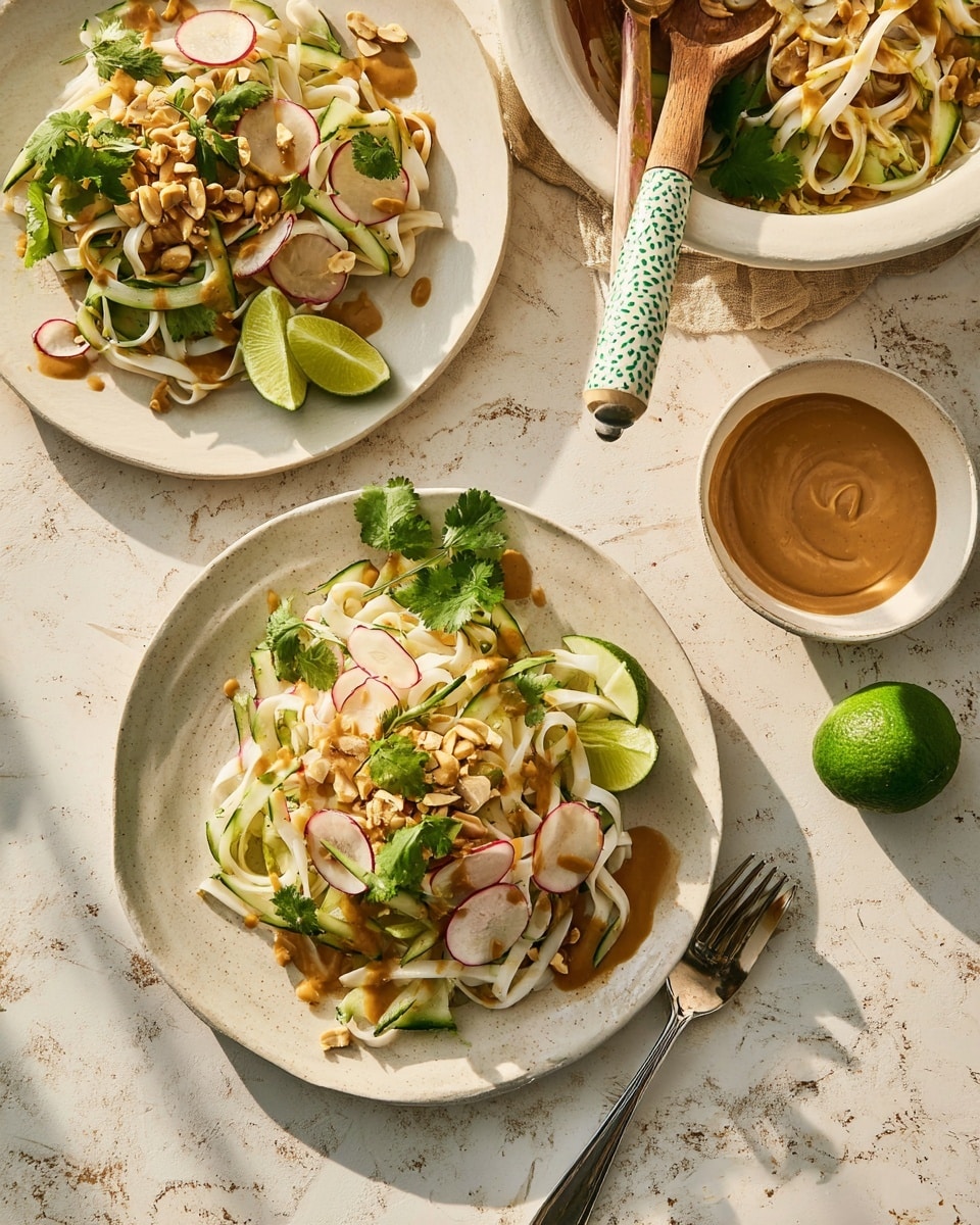 Two white plates each hold a fresh salad with three layers: a base of wide white noodles, a middle layer of thin green cucumber strips and thinly sliced radishes, and a top layer of chopped cilantro leaves and scattered peanuts. The salads are drizzled with a light brown peanut sauce. Each plate has a squeezed lime half with textured green skin resting on the side. Above the plates is a large white bowl filled with more of the same salad and a wooden spoon with a white and green patterned handle resting inside. To the right of the plates is a small white bowl filled with creamy light brown peanut sauce and a spoon inside. All items sit on a white marbled surface with natural light casting soft shadows. photo taken with an iphone --ar 4:5 --v 7