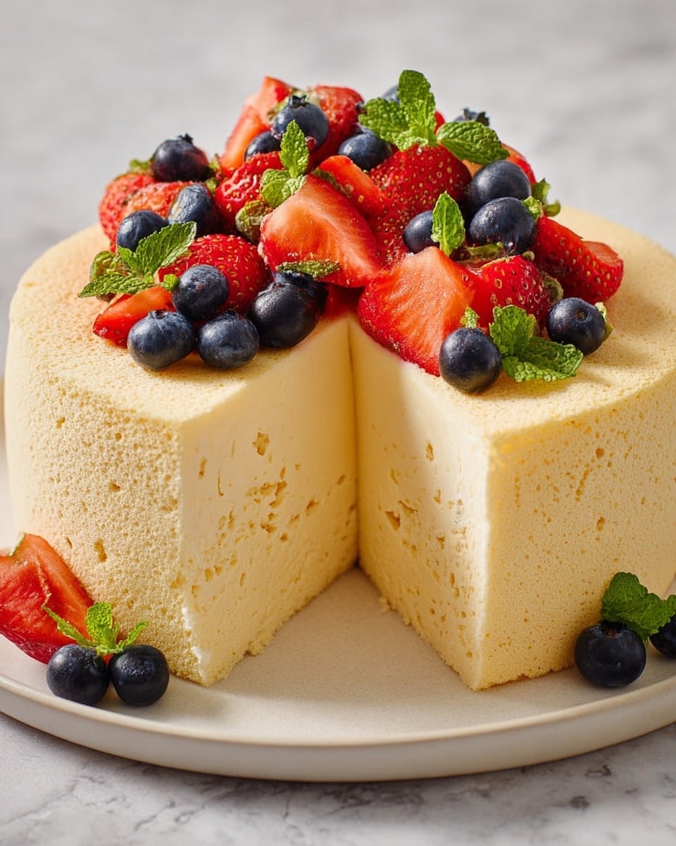 A light, fluffy, pale yellow sponge cake with one thick layer forms the base. The top is decorated with a mix of fresh fruits, including bright red sliced strawberries and whole and halved deep blue blueberries, scattered evenly. Small green mint leaves are placed among the berries, adding a fresh touch. The cake sits on a white plate with subtle speckles, all set against a white marbled texture background. photo taken with an iphone --ar 4:5 --v 7