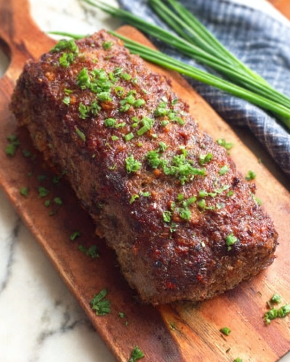 A thick, cooked beef roast lies on a wooden cutting board with visible coarse seasoning on its browned surface. The meat is sliced partially, showing a cooked inside that looks slightly pink and juicy. Some small green herbs are sprinkled over the top and around the roast. In the background, a white bowl with a brown sauce is slightly blurred. A white marbled surface is underneath the cutting board, and there is a blue cloth with a white pattern near the bottom edge. photo taken with an iphone --ar 4:5 --v 7