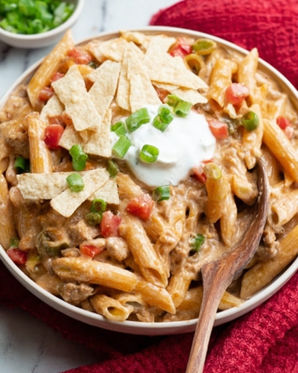 The image shows a round white bowl filled with pasta in a creamy sauce. The pasta is penne, cooked and covered in a light brown sauce mixed with small pieces of ground meat and diced red and green bell peppers. On top, there is a layer of white sour cream dolloped in the center, garnished with chopped green onions and thin grated white cheese. A wooden spoon is resting inside the bowl, partially submerged in the pasta. The bowl is placed on a red cloth on a white marbled surface. Photo taken with an iphone --ar 4:5 --v 7