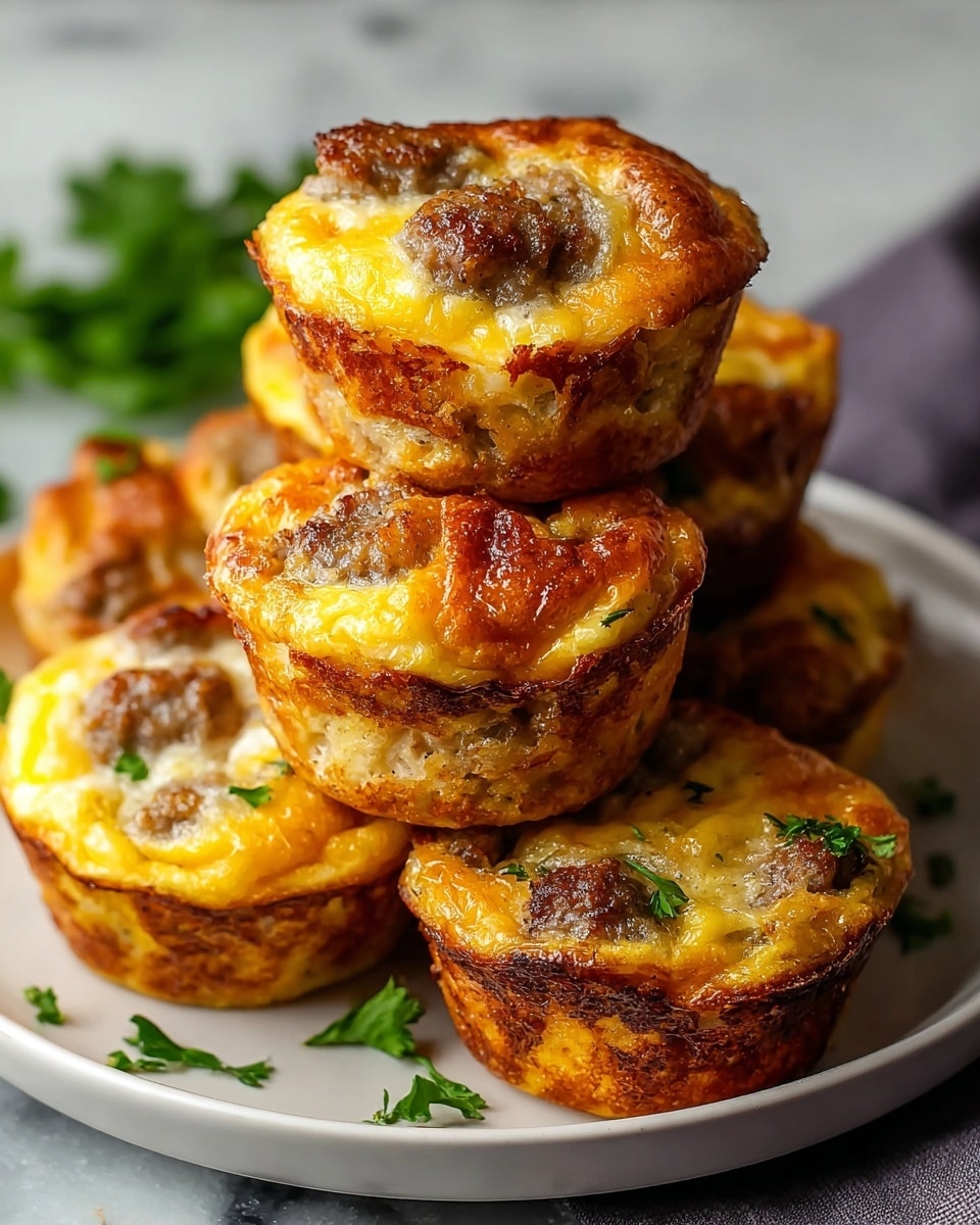 The image shows a stack of six savory muffins on a white plate, placed on a white marbled surface. Each muffin has a golden brown, slightly crispy outer layer with visible darker browned edges, and a soft, yellowish interior. On top, there are several small browned sausage pieces embedded in the muffins, adding texture and a meat element. The muffins have a slightly uneven surface, with some melted cheese making a glossy finish on top. Fresh green parsley leaves are scattered around the muffins on the plate, giving a touch of color and freshness. The photo is taken close-up, showing the moist texture of the muffins in clear detail. Photo taken with an iphone --ar 4:5 --v 7