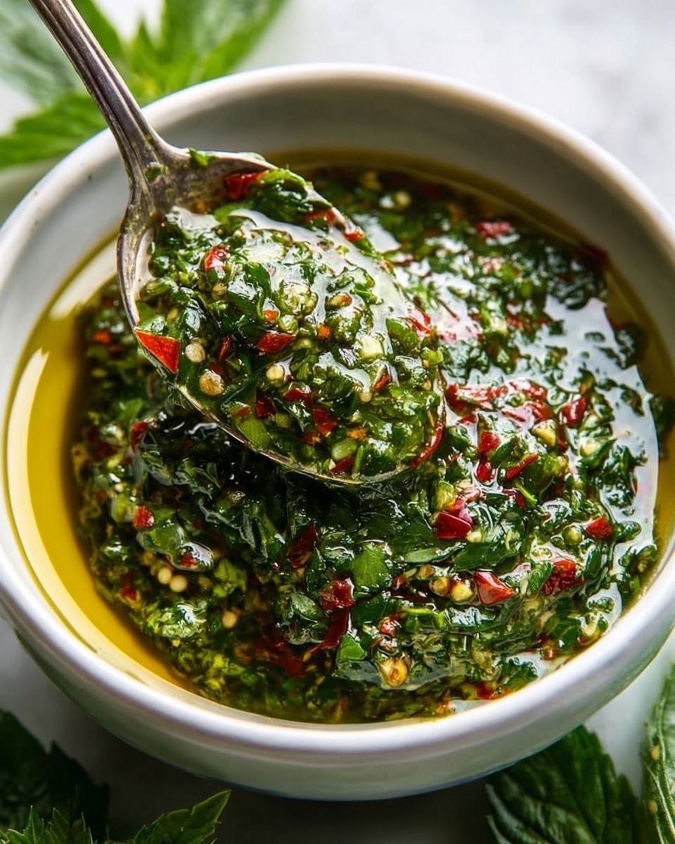A close-up view of a small round white bowl filled with green chimichurri sauce that has finely chopped herbs mixed with red chili flakes and white sesame seeds, floating in golden olive oil. A silver spoon is scooping up the thick sauce, showing the textured mixture of bright green leaves and small red pepper pieces. The bowl is set on a white marbled surface with a few green herb leaves partially visible in the background. photo taken with an iphone --ar 4:5 --v 7