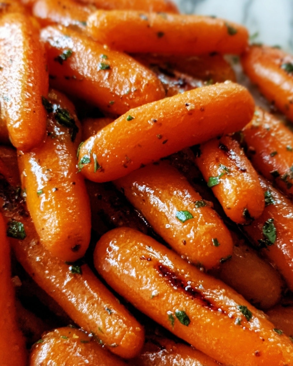 A close-up of cooked baby carrots, glossy and bright orange with a slight char on some, showing a soft texture. They are sprinkled with finely chopped green herbs, evenly spread on top and giving a fresh look. The carrots fill the frame, lying on a white marbled surface that contrasts with their warm colors. photo taken with an iphone --ar 4:5 --v 7