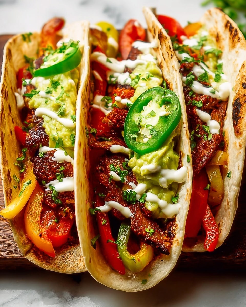 The image shows close-up of three soft flour tortillas filled with layers of colorful ingredients. Each tortilla has a base layer of grilled chicken strips that are brown and slightly crispy, topped with sautéed red and yellow bell pepper slices. On top of this, there is a layer of chunky guacamole in green, along with slices of green jalapeño pepper. White drizzle of creamy sauce is spread over the top, and the tacos are garnished with small bits of chopped fresh green herbs. The tacos rest on a wooden board with some scattered salt grains, all set against a white marbled texture background. photo taken with an iphone --ar 4:5 --v 7