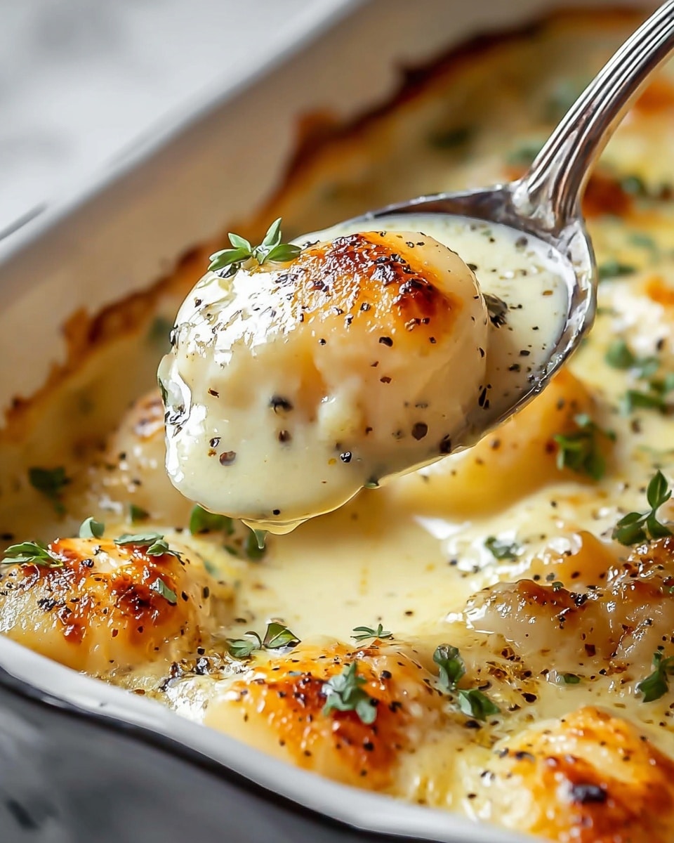 The image shows a close-up of creamy scallops cooked in a white casserole dish. The scallops are round and lightly browned on top with a golden crust, covered in a rich, smooth, pale yellow sauce. Small green herb leaves and black pepper flakes are sprinkled on top, adding contrast and texture. A silver spoon is lifting one scallop, showing the thick, glossy sauce coating it, with the white marbled texture surface blurred in the background. photo taken with an iphone --ar 4:5 --v 7