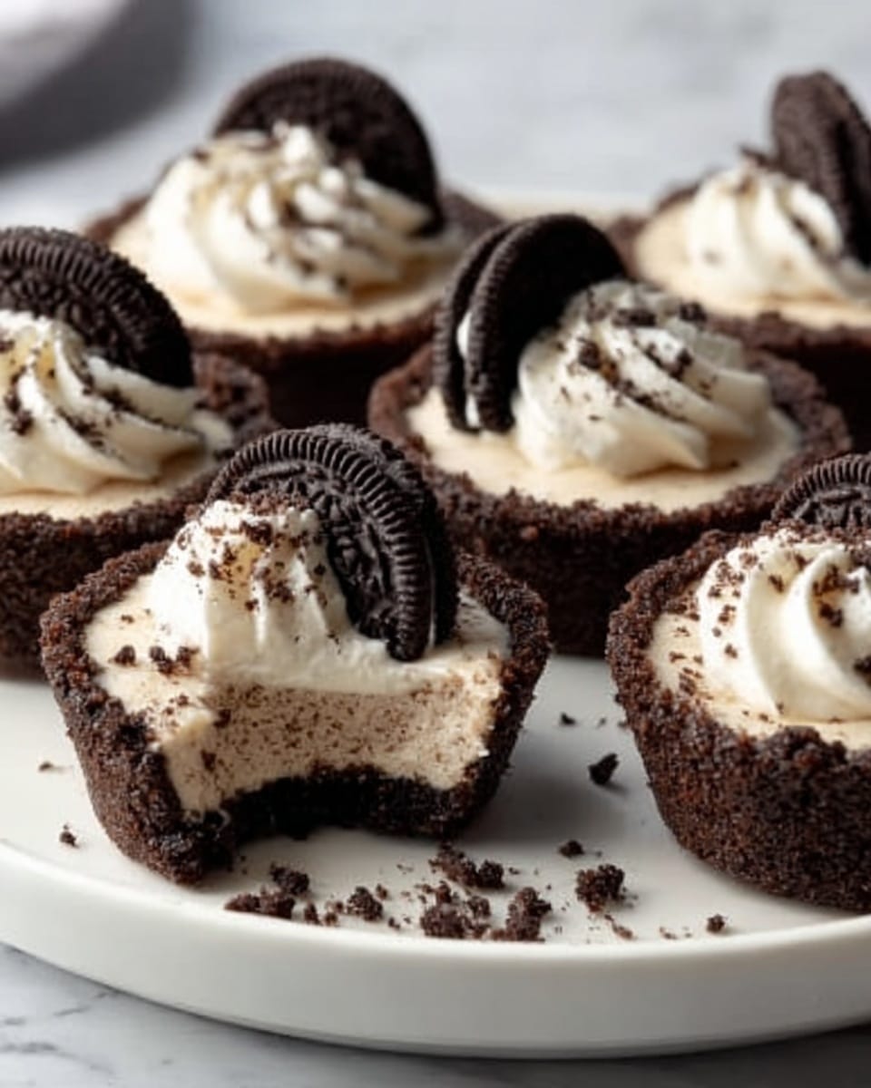 A close-up view of five dark brown chocolate cookie cups arranged on a white plate with a white marbled surface below. Each cup is filled with a light beige creamy filling topped with swirled white cream. Crushed cookie crumbs are sprinkled on top of the cream, with a half Oreo cookie placed vertically in the cream of each cup as a garnish. One cookie cup is bitten into from the front, showing the layer of thick creamy filling inside the dark chocolate cookie shell with crumbs scattered around it. Photo taken with an iphone --ar 4:5 --v 7