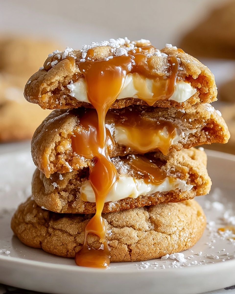 A stack of three soft cookies sits on a white plate with crumbly, golden-brown tops showing rough texture. The top cookie is broken in half and placed on the middle cookie, revealing a creamy white filling inside, while sticky caramel syrup drips down from the broken cookie, covering some parts with a shiny, amber layer. A light dusting of powdered sugar covers the cookies, adding a delicate white touch to the warm colors. The background is softly blurred with similar cookies, all set on a white marbled surface. photo taken with an iphone --ar 4:5 --v 7