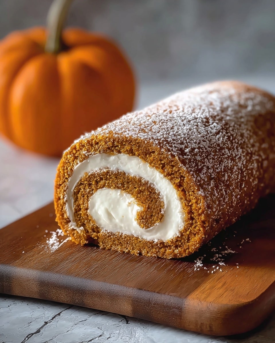 A close-up of a pumpkin roll cake on a wooden board placed on a white marbled surface. The roll has two visible layers: the outer layer is a soft, moist, orange-brown pumpkin sponge cake with a slightly rough texture, and the inner layer is smooth white cream cheese filling swirled evenly inside the cake. The entire roll is lightly dusted with powdered sugar, adding a delicate white dusting on top and around the base. In the background, there is a small out-of-focus orange pumpkin against a dark blurred backdrop. photo taken with an iphone --ar 4:5 --v 7