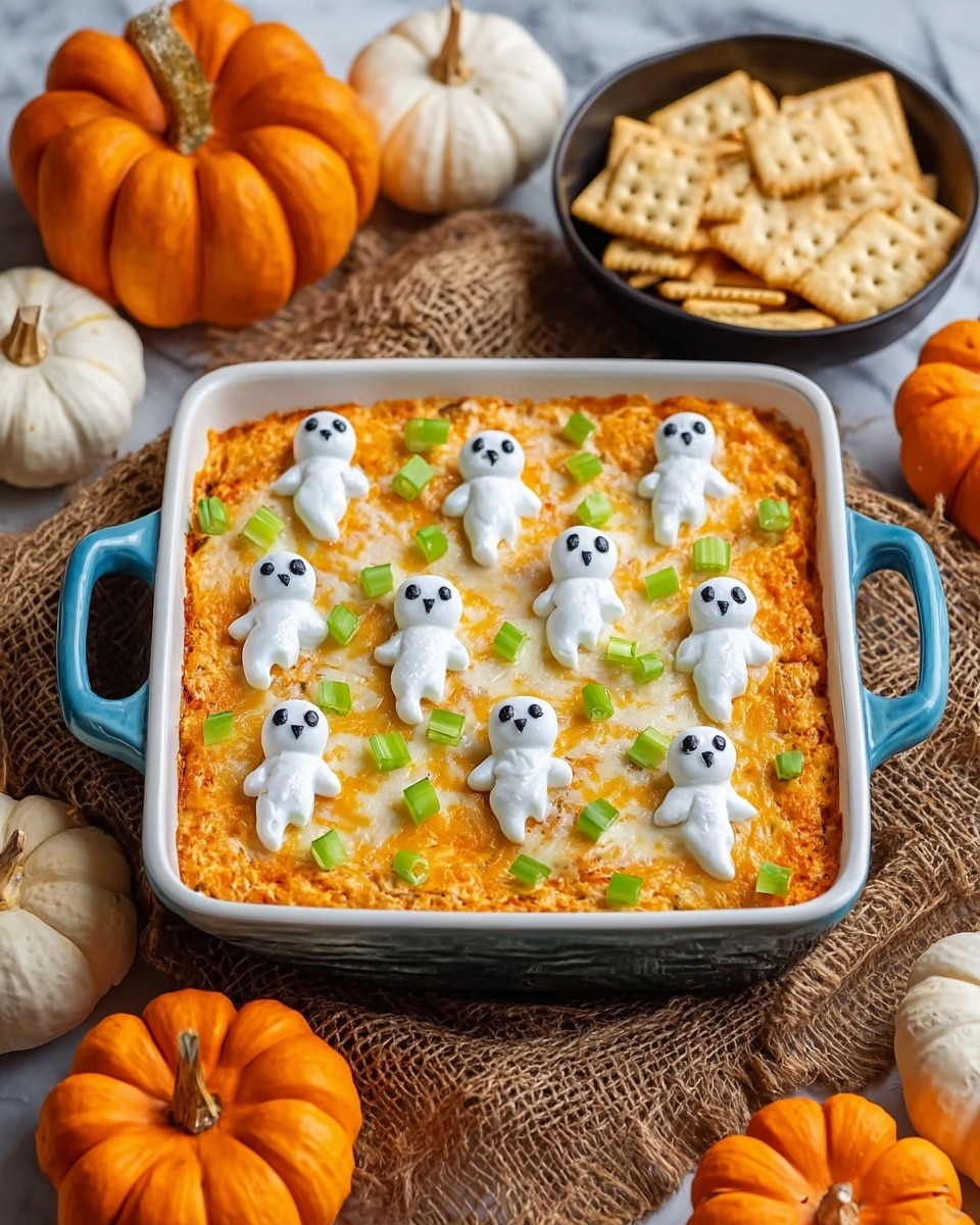 A baked dip in a white square casserole dish with blue handles filled with an orange creamy layer topped with melted white cheese and small dollops of white cream shaped like little ghosts with black eyes and mouths, scattered with small pieces of light green celery on top. The dish is placed on a rustic brown woven fabric, surrounded by small orange and white pumpkins, with a black bowl of pale yellow square crackers to the side, all set on a white marbled surface. photo taken with an iphone --ar 4:5 --v 7