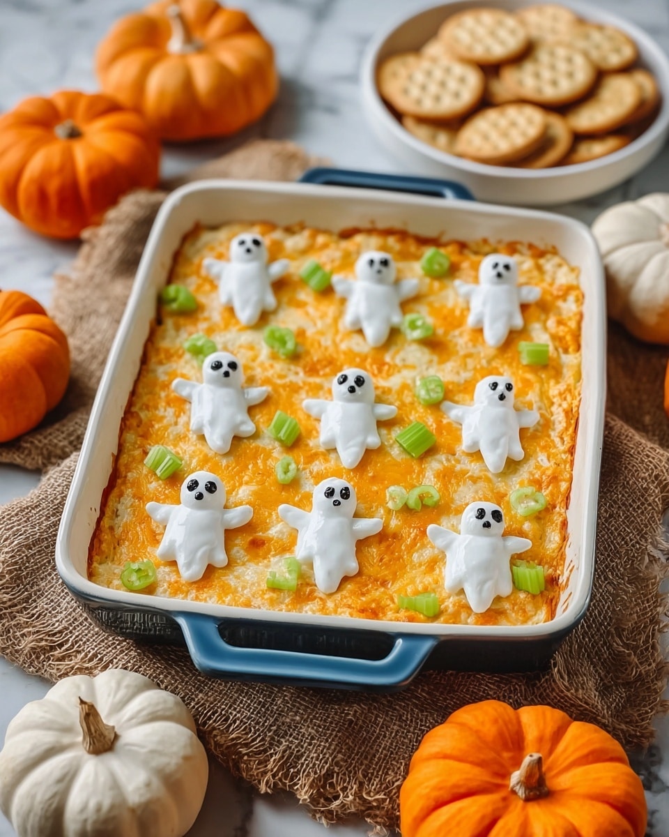 The dish is a baked casserole in a white ceramic rectangular dish with blue handles, placed on a rough brown cloth. The casserole has a golden-orange top layer with a creamy melted texture. On top, there are nine small white ghost-shaped decorations made of soft cream or cheese, each with two black circular eyes and a small black oval mouth, arranged evenly across the surface. Small green celery pieces are scattered between the ghosts, adding a fresh contrast. The background shows several small orange and white pumpkins and a white bowl filled with light beige crackers, all set on a white marbled texture. photo taken with an iphone --ar 4:5 --v 7