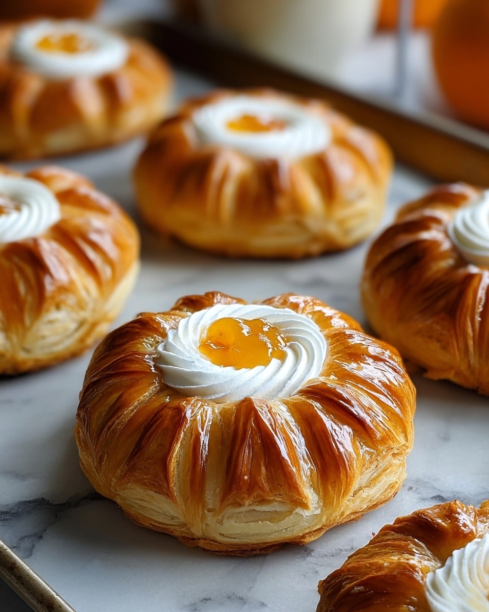 The image shows several round pastries with a glossy, golden brown top layer that is divided into thick segments, resembling flower petals. Each pastry has multiple thin, flaky dough layers visible on the sides, giving a soft, textured look. In the center of each pastry, there is a swirl of white creamy topping surrounding a small pool of amber-colored jam or custard. The pastries are placed on a white tray with a slightly crinkled paper lining, all set against a white marbled background. photo taken with an iphone --ar 4:5 --v 7
