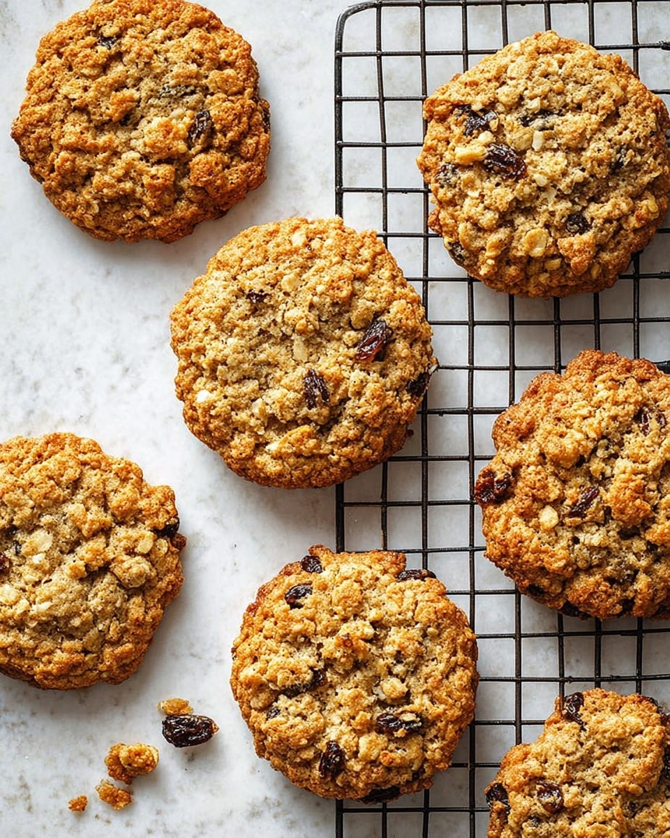 The image shows seven round oatmeal raisin cookies with a chunky texture and golden-brown color. The cookies are spread over a white marbled surface and on a black cooling rack with a grid pattern. The cookies are thick with visible raisins and oats, having a rough and crumbly top layer. Some small cookie crumbs are scattered around the larger cookies. The lighting highlights the texture, making the edges look crispy and the center soft. photo taken with an iphone --ar 4:5 --v 7