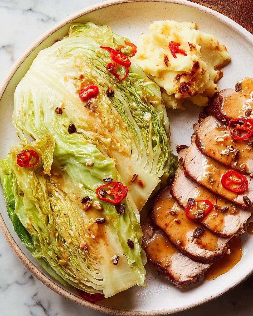 On a large white speckled plate set on a white marbled texture, there is a wedge of bright green cabbage with slightly charred edges layered with thin slices of red chili and scattered brown seeds on top. To the right of the cabbage, there are several slices of roasted meat with a golden brown sauce drizzled over them. Above the meat, there are chunky portions of roasted potatoes with a golden, crispy texture and some browned spots. The colors are warm and vibrant, showing different textures from the smooth sauce, crispy potatoes, to fresh cabbage leaves. photo taken with an iphone --ar 4:5 --v 7
