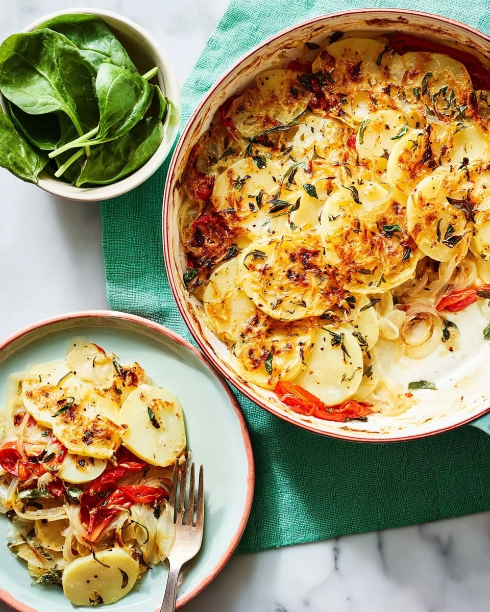 A white cooking pot with yellow handles contains a layered dish featuring slices of light yellow potatoes, thin pale onion strips, and red bell pepper pieces. The top layer is sprinkled with browned and melted cheese with bits of herbs, giving a crispy texture. Next to the pot, a white plate holds a portion of the dish with scattered pieces showing the layers and red peppers, with a blue-handled fork resting on the plate. Above, a white bowl is filled with bright green spinach leaves. All items are placed on a white marbled surface with a green cloth underneath the pot. Photo taken with an iphone --ar 4:5 --v 7