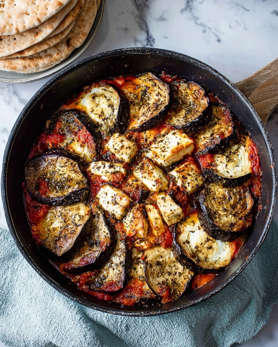 A cast iron skillet filled with layered round slices of cooked eggplant and browned cheese arranged closely, with some red tomato sauce peeking through between the layers. The eggplant slices are dark purple and greenish with a soft texture, while the cheese pieces are golden brown with a slight crisp look on the edges and sprinkled with black pepper. The skillet sits on a white marbled textured surface with a light blue cloth napkin partially under it and a stack of flatbreads on the side. photo taken with an iphone --ar 4:5 --v 7