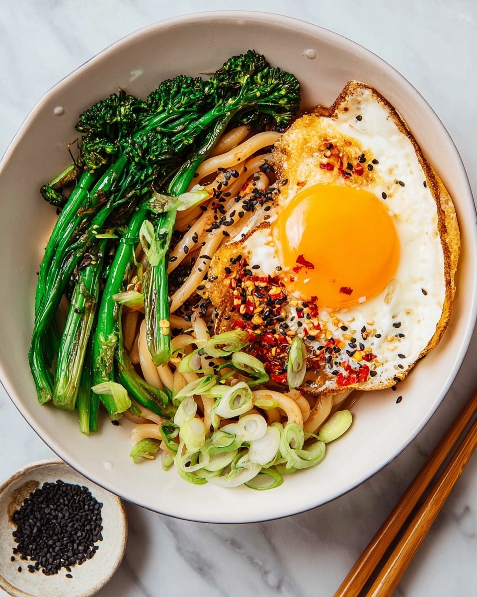A white bowl holds a visually appealing dish with three main layers: at the base, thick, pale yellow udon noodles are paired with green broccolini and light brown sautéed onions and eggplant slices, creating a mix of smooth and slightly crispy textures. On top of the noodles, bright green strips of scallion add a fresh contrast, while the centerpiece is a sunny-side-up egg with a vibrant orange yolk and crispy browned edges, sprinkled generously with black sesame seeds and red chili flakes for a pop of color and texture. The dish is styled on a white marbled texture surface with wooden chopsticks placed beside the bowl. photo taken with an iphone --ar 4:5 --v 7